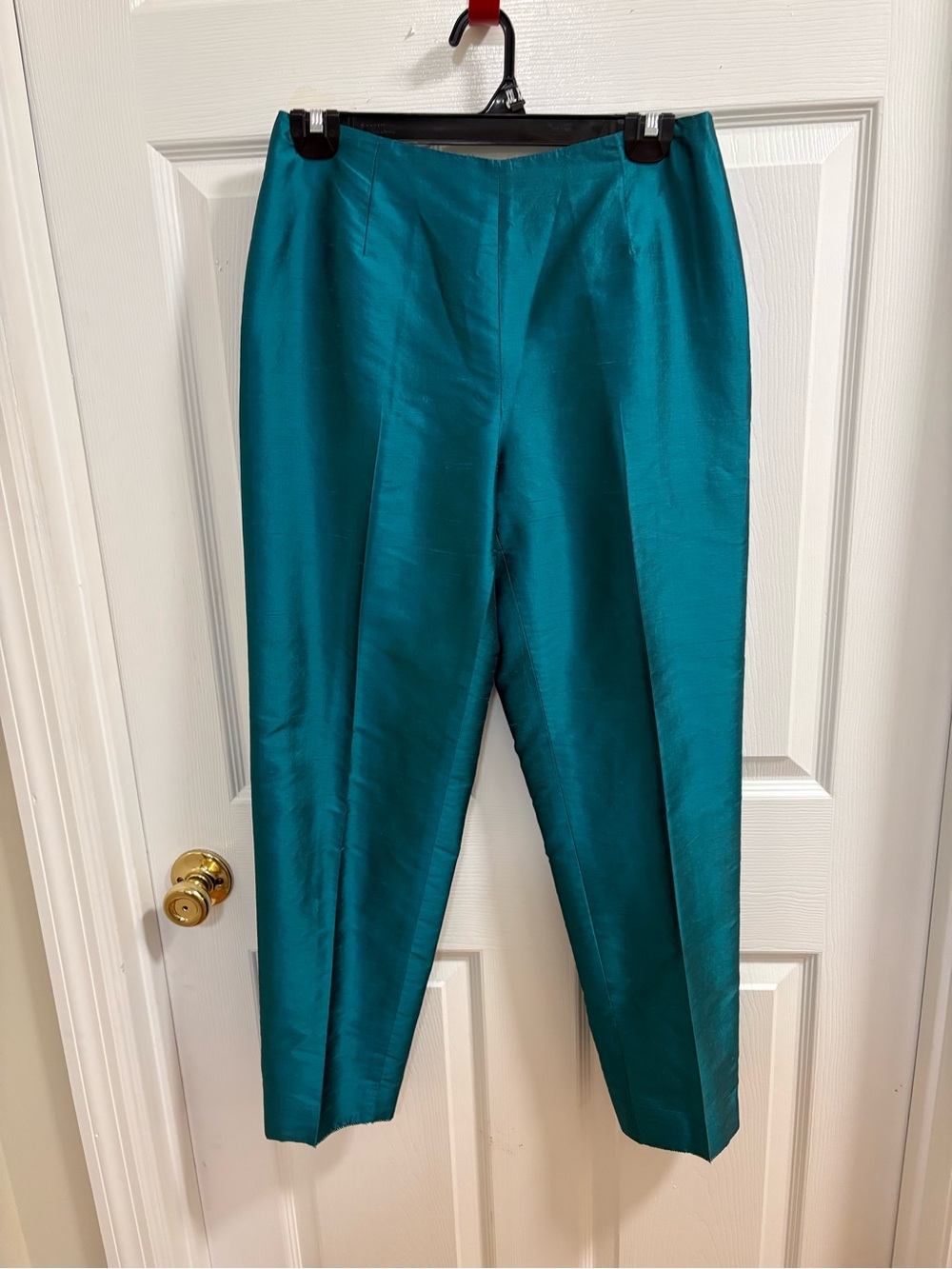 Dana Buchman teal straight-leg pants made from 100% silk satin,